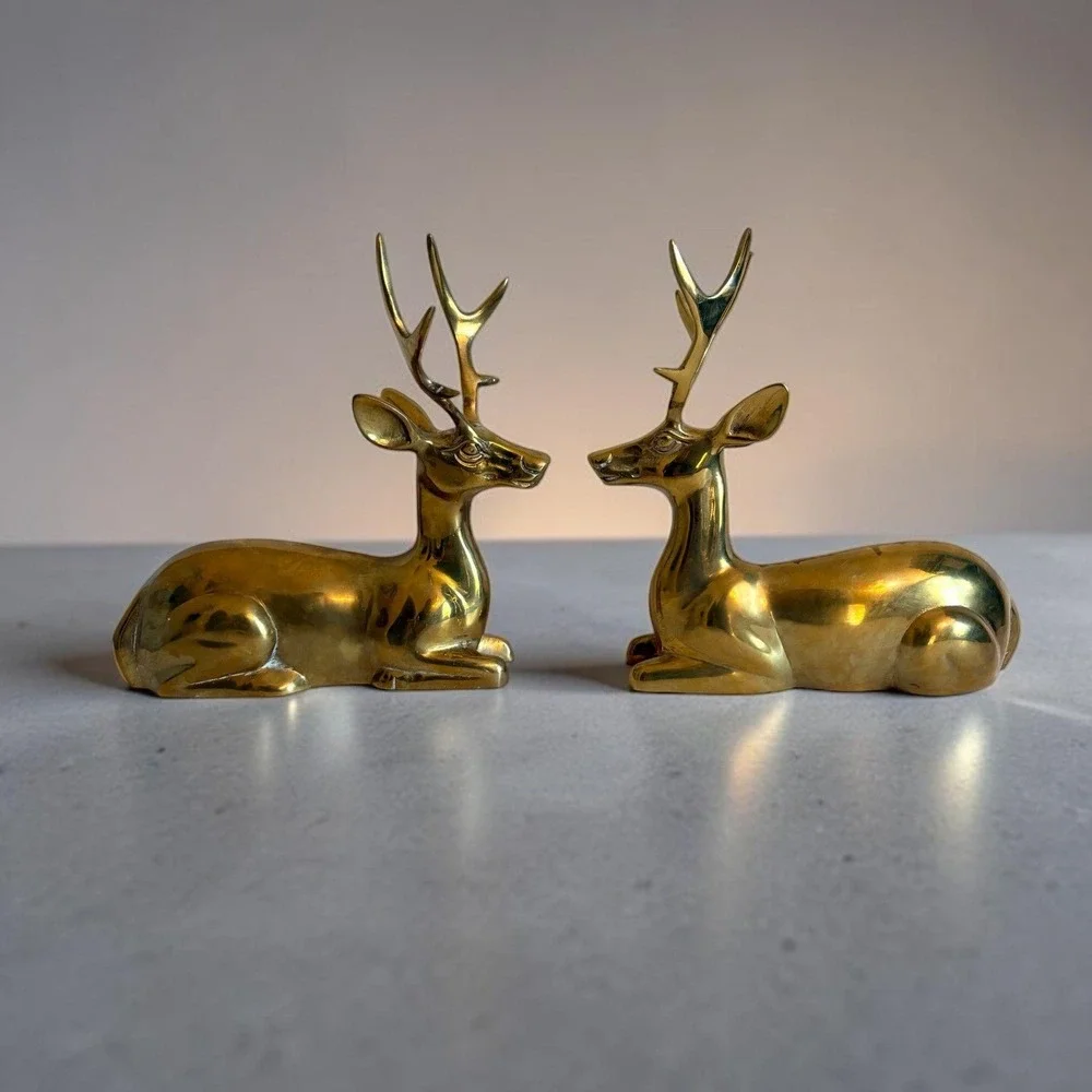 Vintage Large Solid Brass Reclining Deer Figurines Set of 2 MCM Buck Statues 8